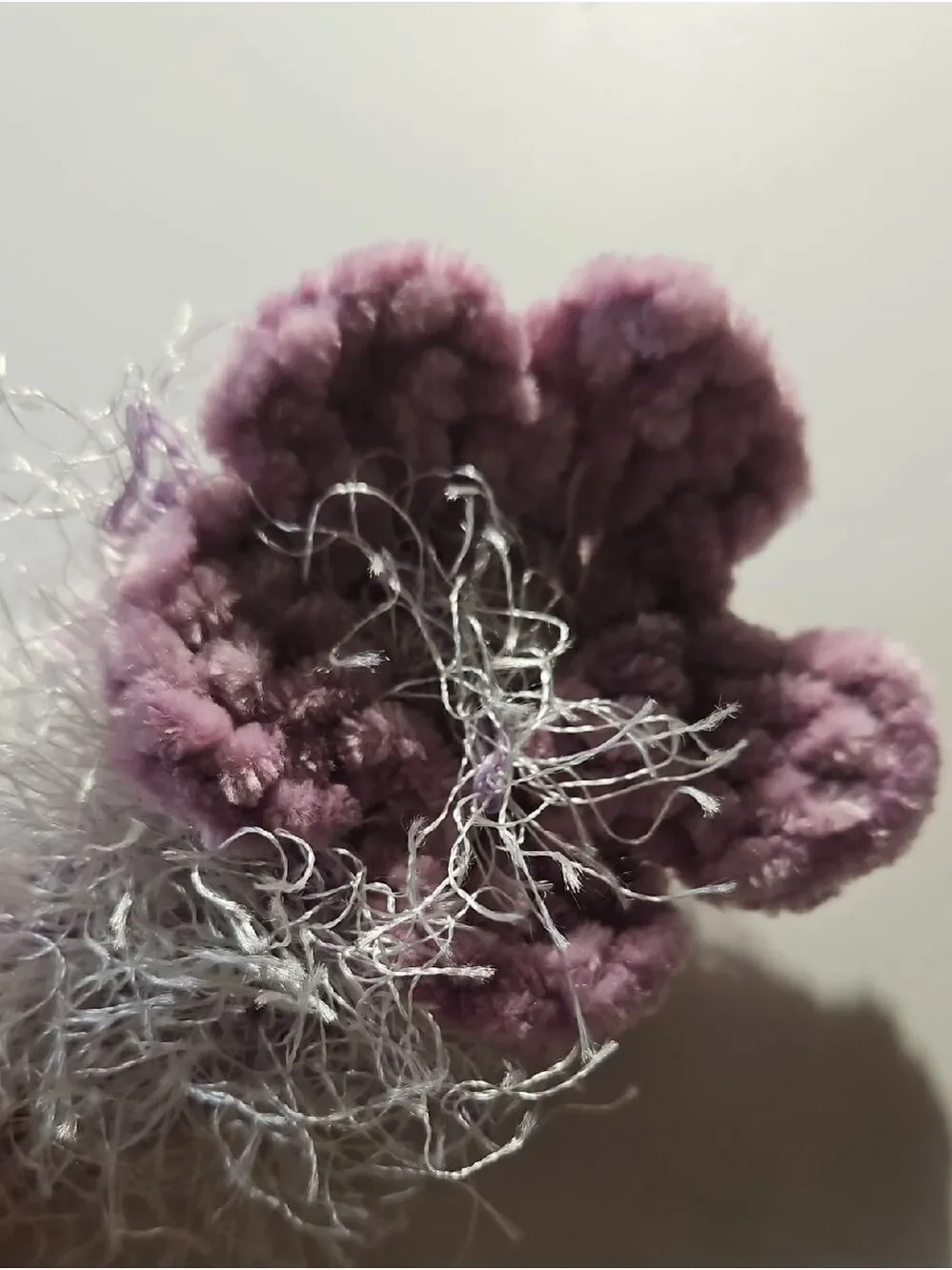 Handmade Faux Fur Crochet Boa Scarf Lavender Pain Awareness Brooch OOAK Botanica